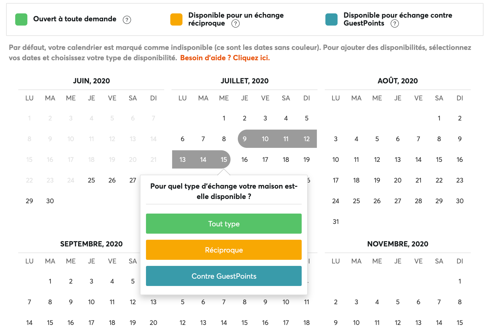 calendrier pour rechercher échange de maison