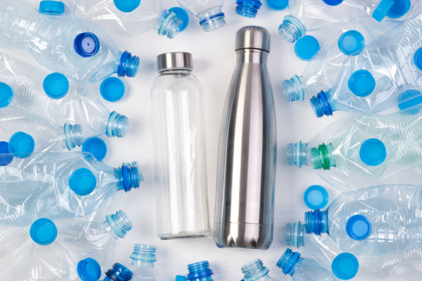 plastic bottles and water bottles on a white background