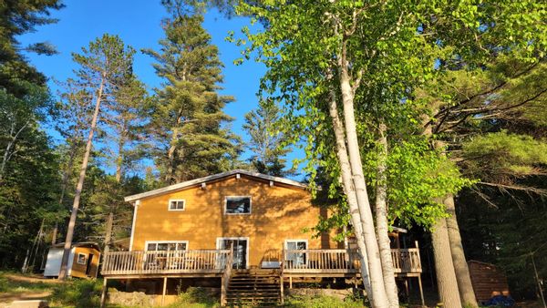 Grand chalet jaune entouré de pins blancs au bord d'un lac