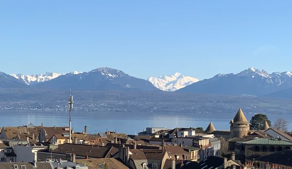 Appartement de 2 pièces avec vu sur le Lac Leman et montagnes, bien équipé, proche des transports